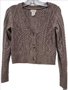 Jessica Simpson Cropped Cable Knit Cardigan Sweater Tan Heather XS